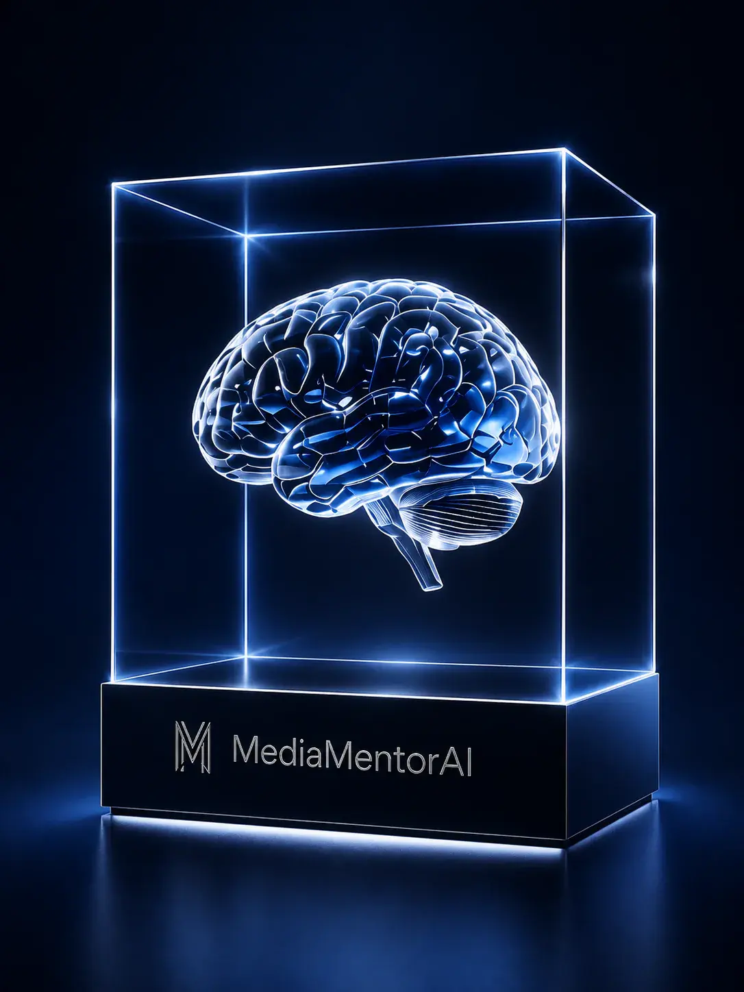 Glowing AI brain inside a glass cube representing MediaMentorAI practical business automation systems