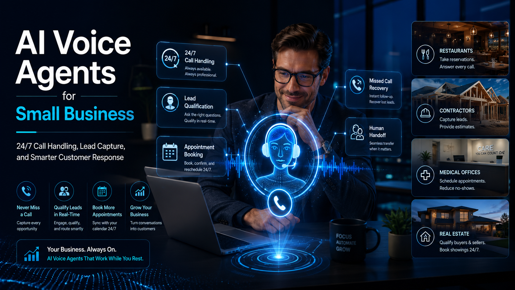 AI voice agents for small business hero image showing 24/7 call handling, lead qualification, missed call recovery, human handoff, appointment booking, and industry examples