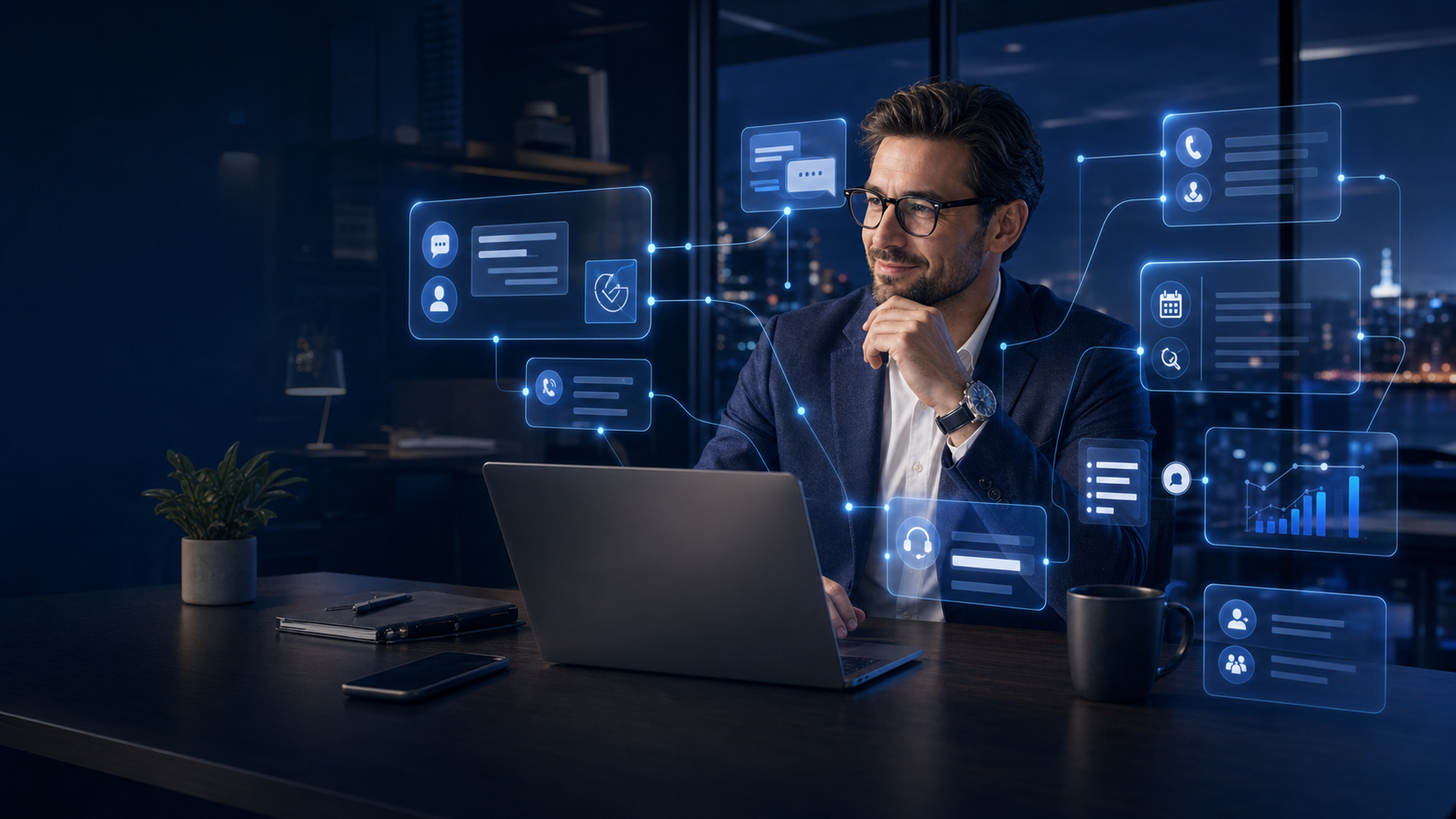 Business operator reviewing a premium AI operations interface with customer response, scheduling, reporting, and handoff signals