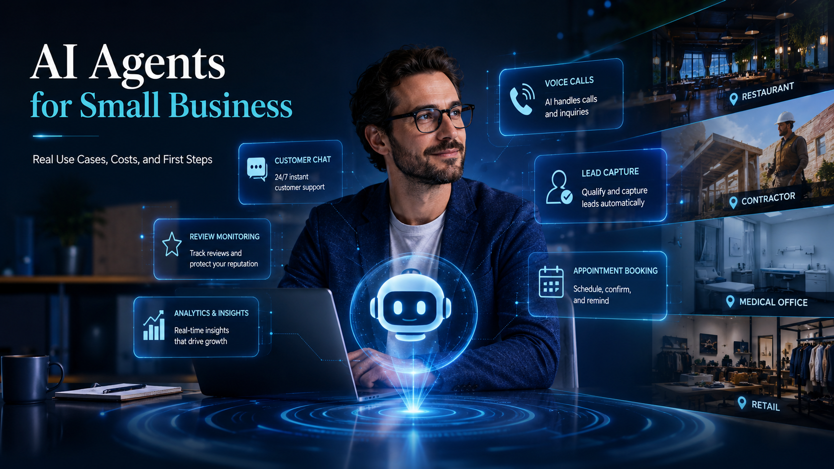 AI agents for small business hero image showing a business owner with customer chat, voice calls, lead capture, appointment booking, analytics, and local industry panels