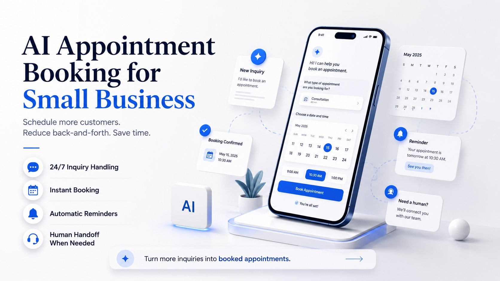 AI appointment booking for small business hero image showing a phone booking assistant, new inquiry card, confirmed appointment, calendar, reminder card, and human handoff message