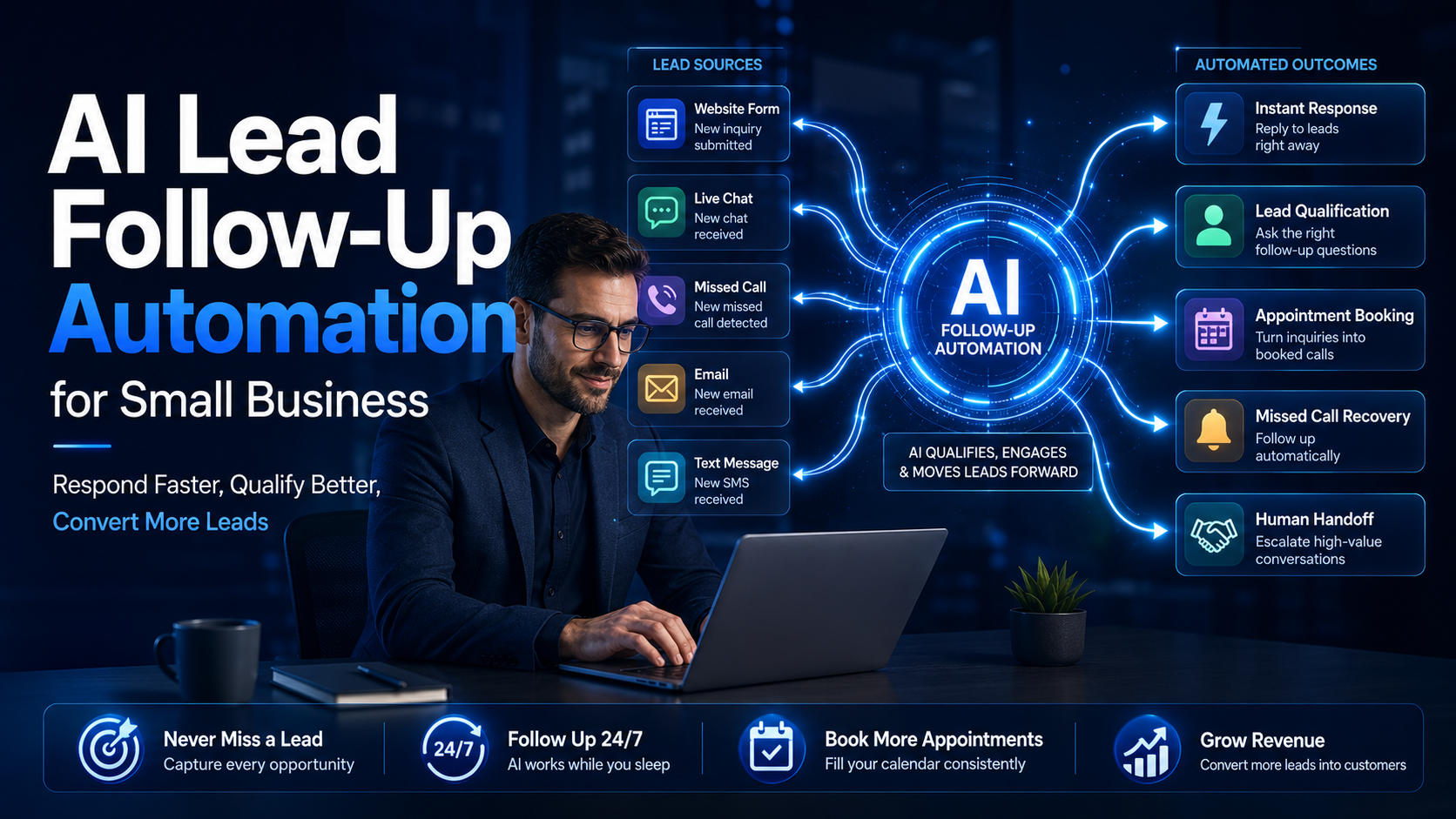 AI lead follow-up automation for small business hero image showing lead sources flowing into automated outcomes such as instant response, qualification, appointment booking, missed call recovery, and human handoff